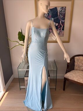Light Blue Beaded Slip Prom Gown with Thigh Slit